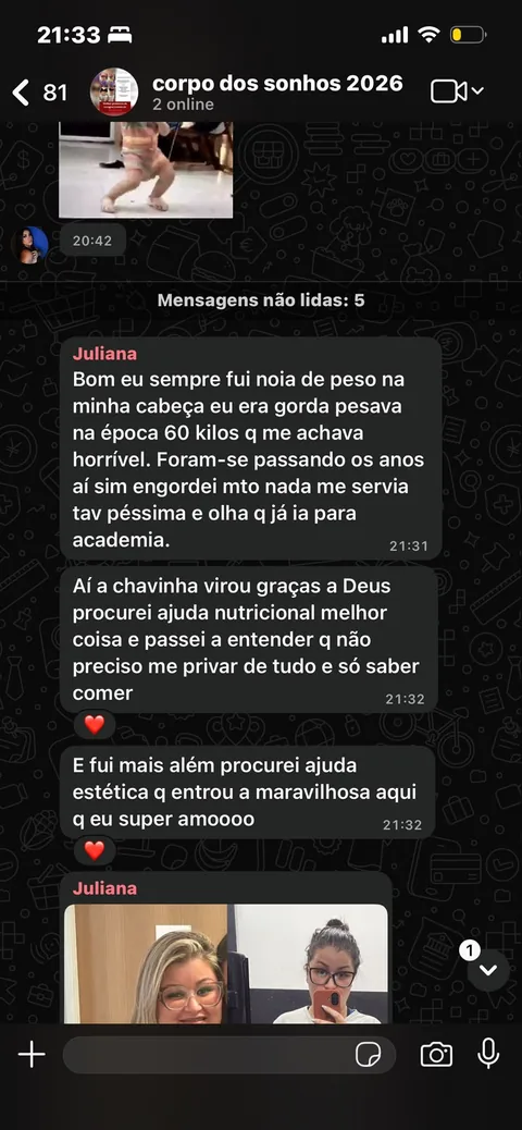 Print de depoimento no grupo do Projeto Corpo dos Sonhos