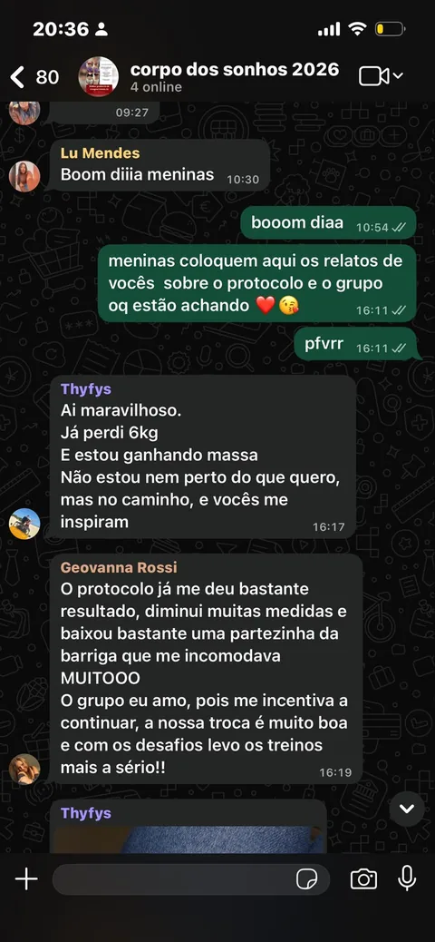 Print de depoimento no grupo do Projeto Corpo dos Sonhos