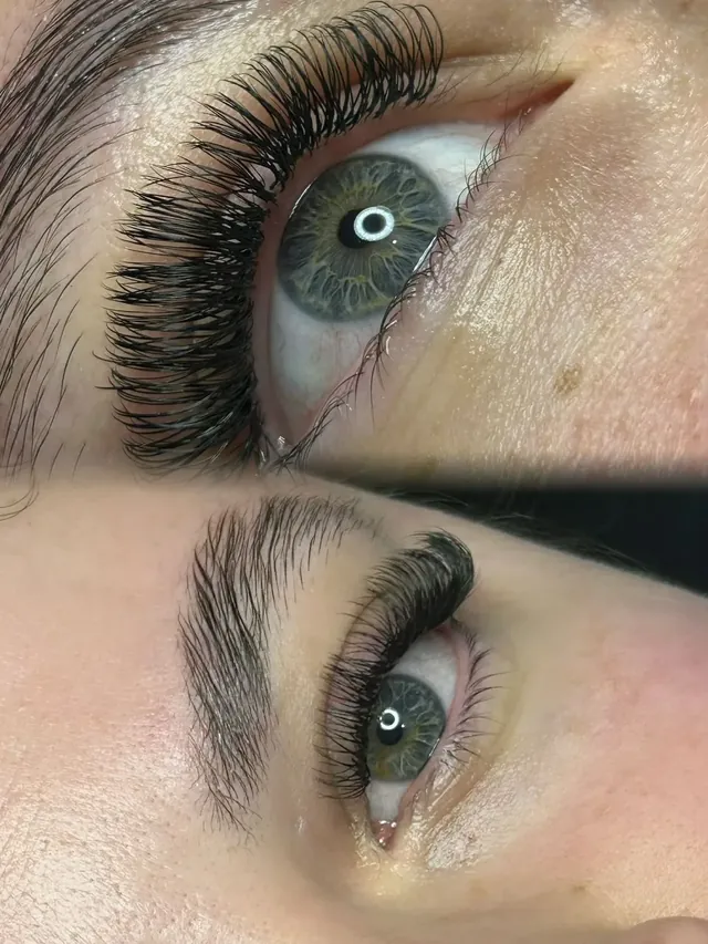 Antes e depois de extensão de cílios